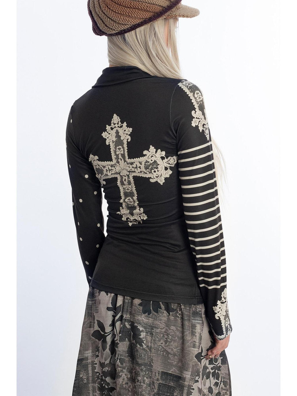 4RE1GN High Neck Asymmetrical Cross Print Lace Women's Long Sleeve T-shirts