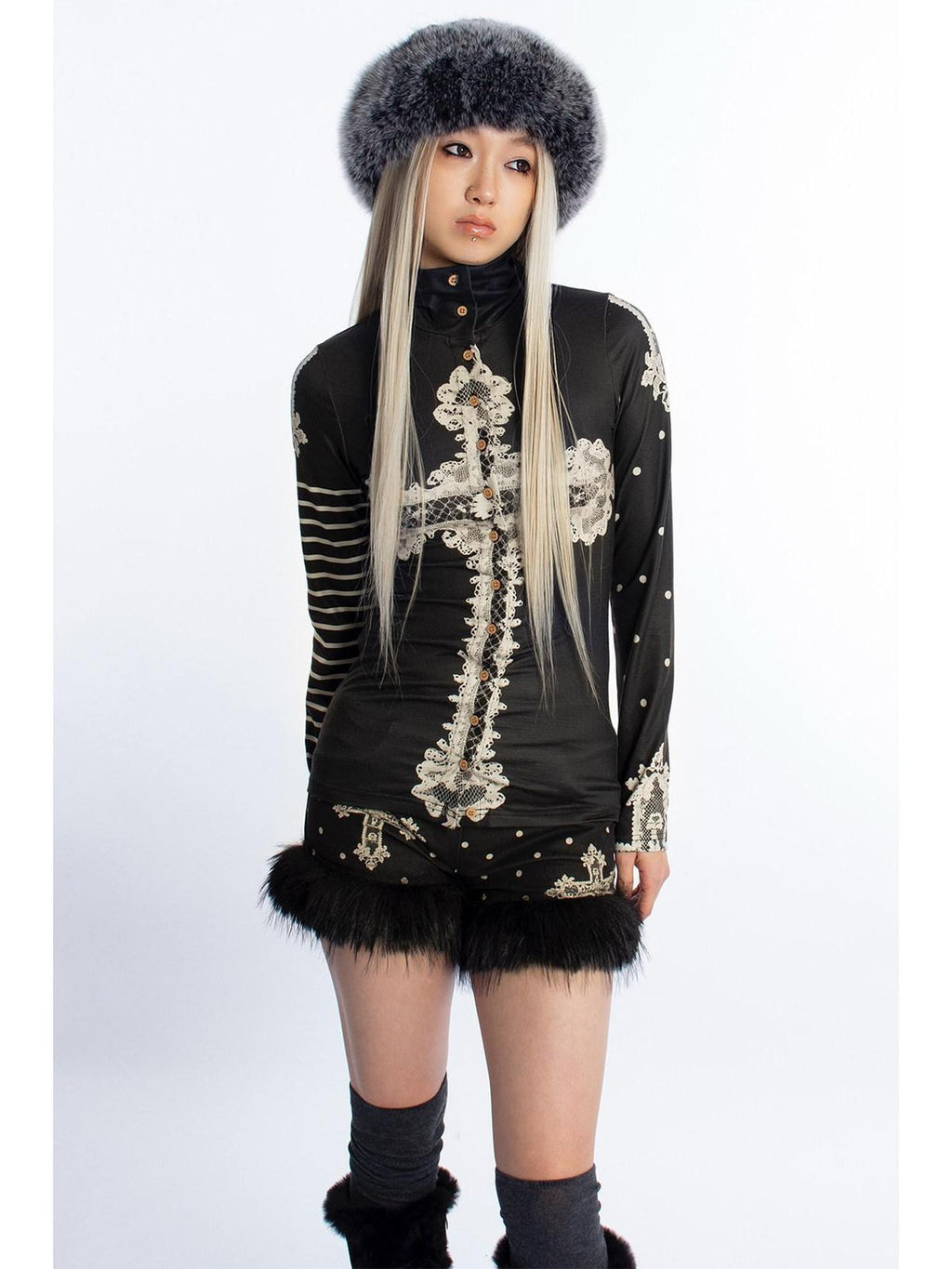 4RE1GN High Neck Asymmetrical Cross Print Lace Women's Long Sleeve T-shirts