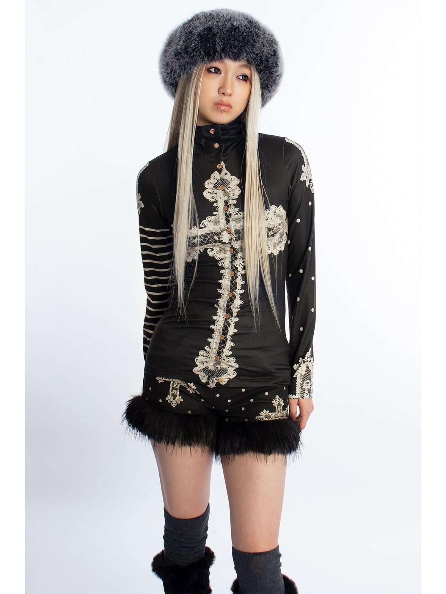 4RE1GN High Neck Asymmetrical Cross Print Lace Women's Long Sleeve T-shirts