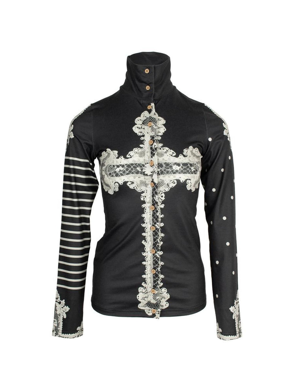4RE1GN High Neck Asymmetrical Cross Print Lace Women's Long Sleeve T-shirts