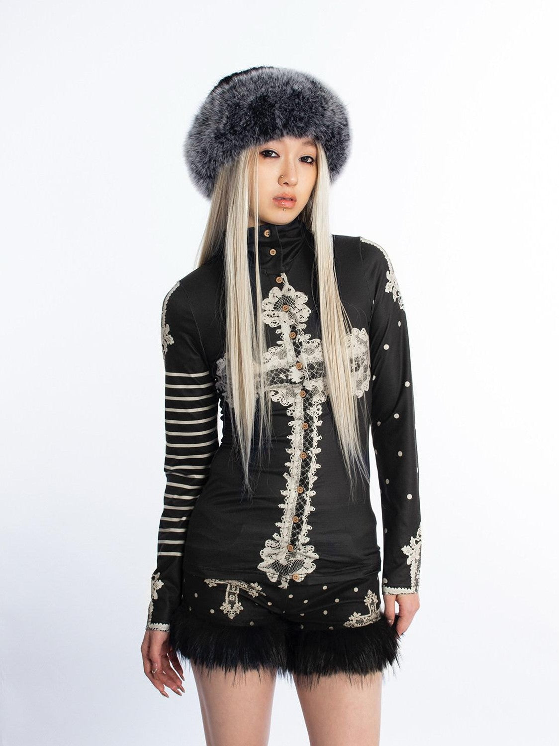 4RE1GN High Neck Asymmetrical Cross Print Lace Women's Long Sleeve T-shirts