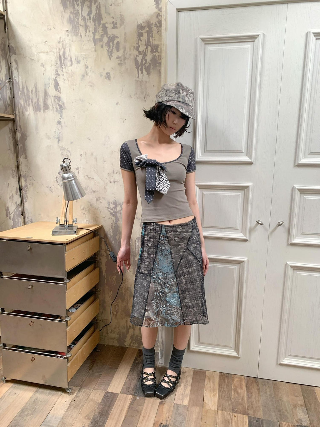4RE1GN Irregular Patchwork Plaid Leopard Floral Double Layer Women's Midi Skirts