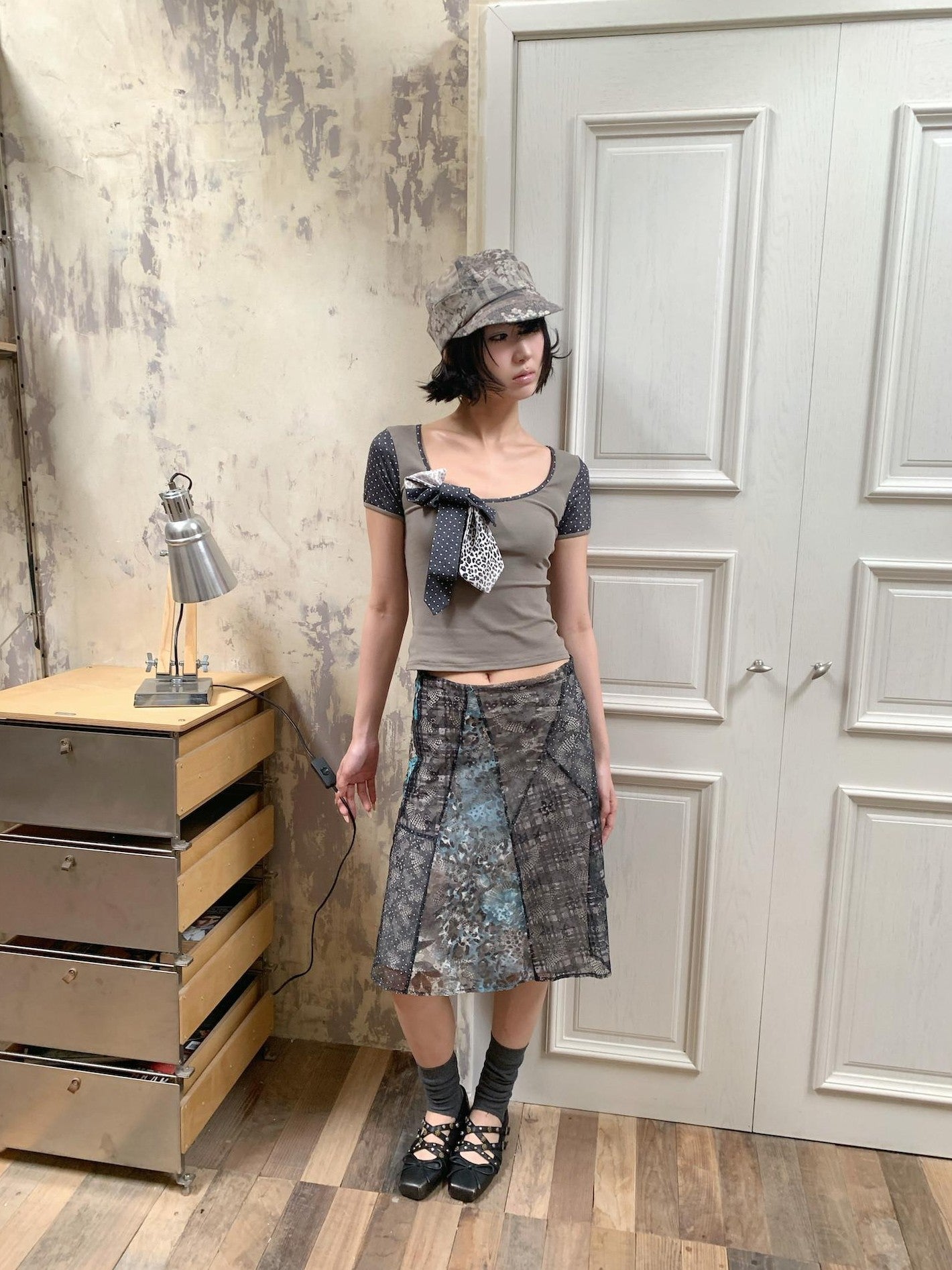 4RE1GN Irregular Patchwork Plaid Leopard Floral Double Layer Women's Midi Skirts