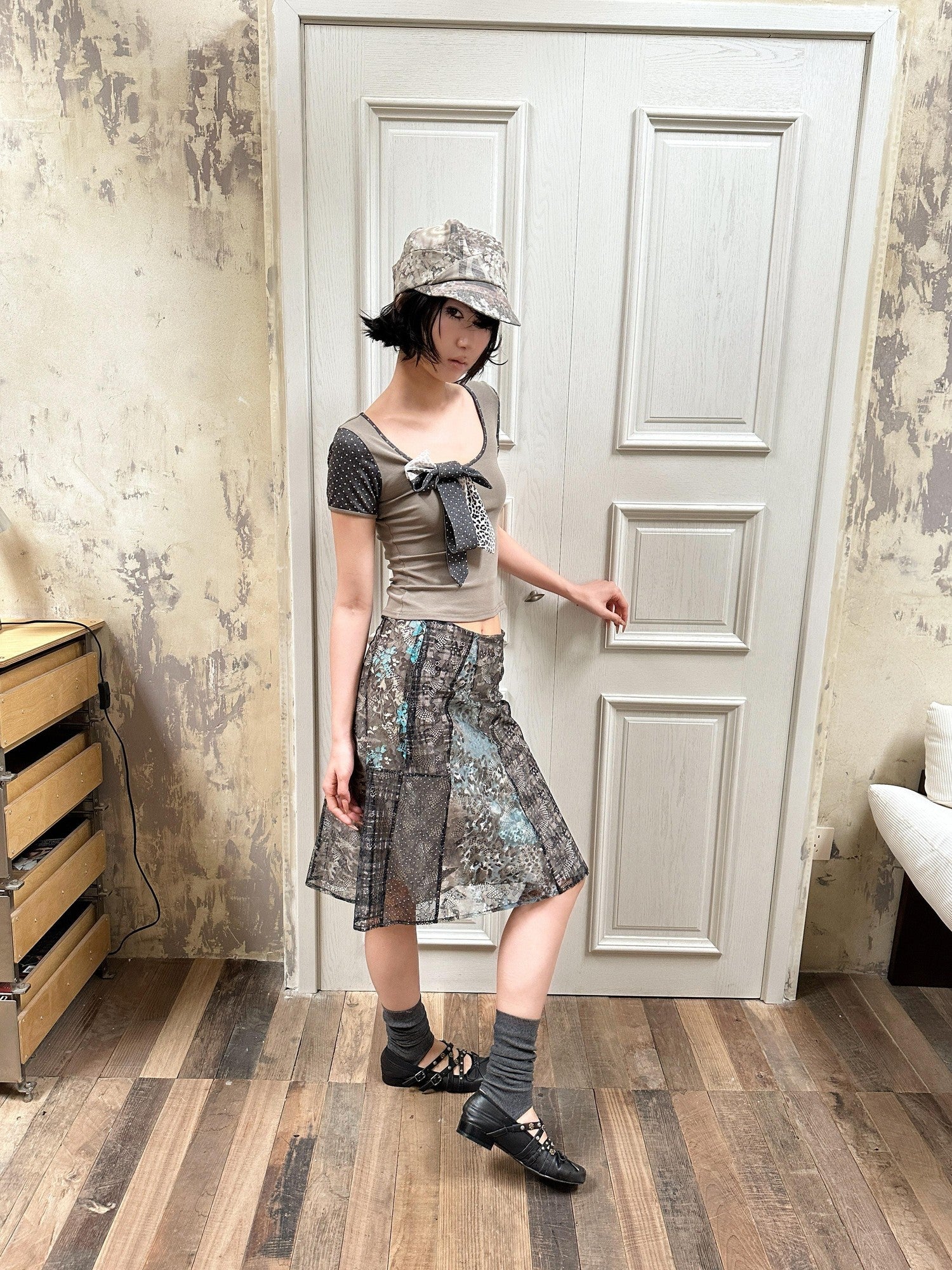 4RE1GN Irregular Patchwork Plaid Leopard Floral Double Layer Women's Midi Skirts