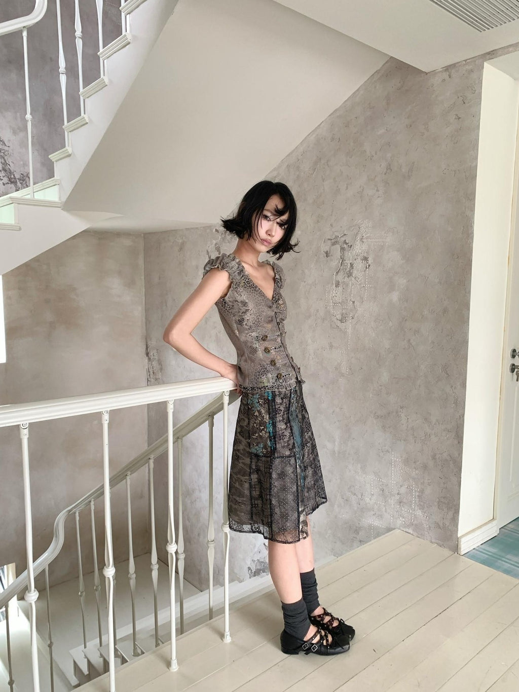 4RE1GN Irregular Patchwork Plaid Leopard Floral Double Layer Women's Midi Skirts
