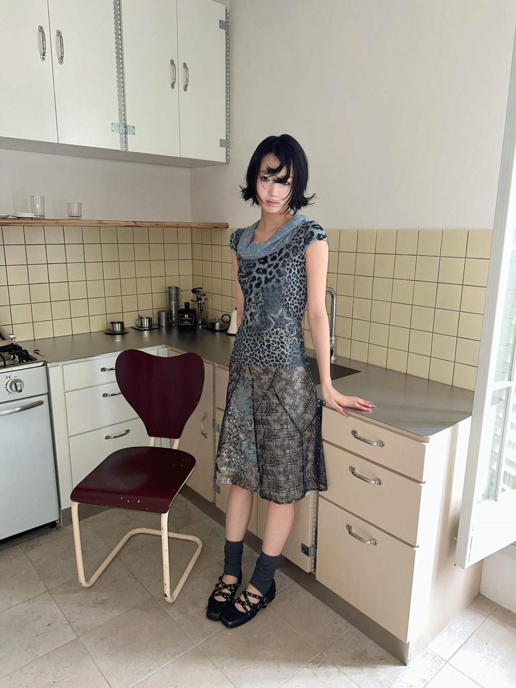 4RE1GN Irregular Patchwork Plaid Leopard Floral Double Layer Women's Midi Skirts