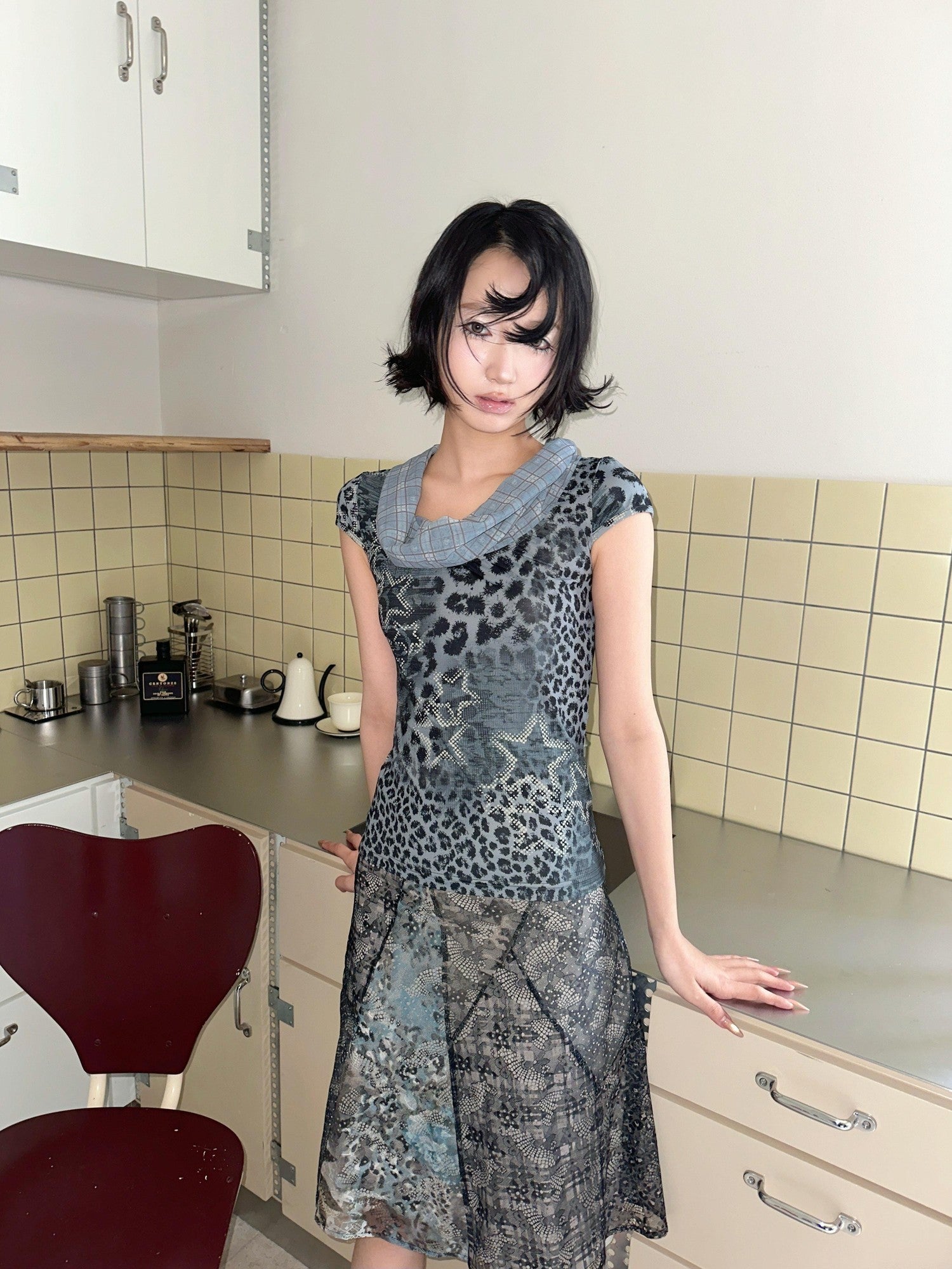 4RE1GN Irregular Patchwork Plaid Leopard Floral Double Layer Women's Midi Skirts