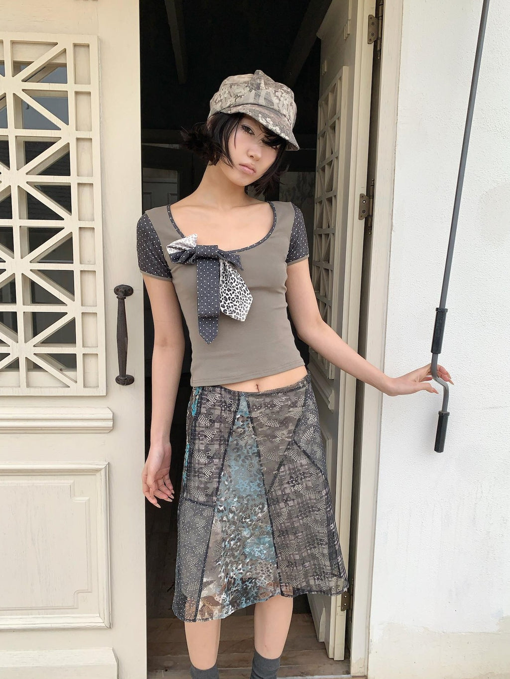 4RE1GN Irregular Patchwork Plaid Leopard Floral Double Layer Women's Midi Skirts