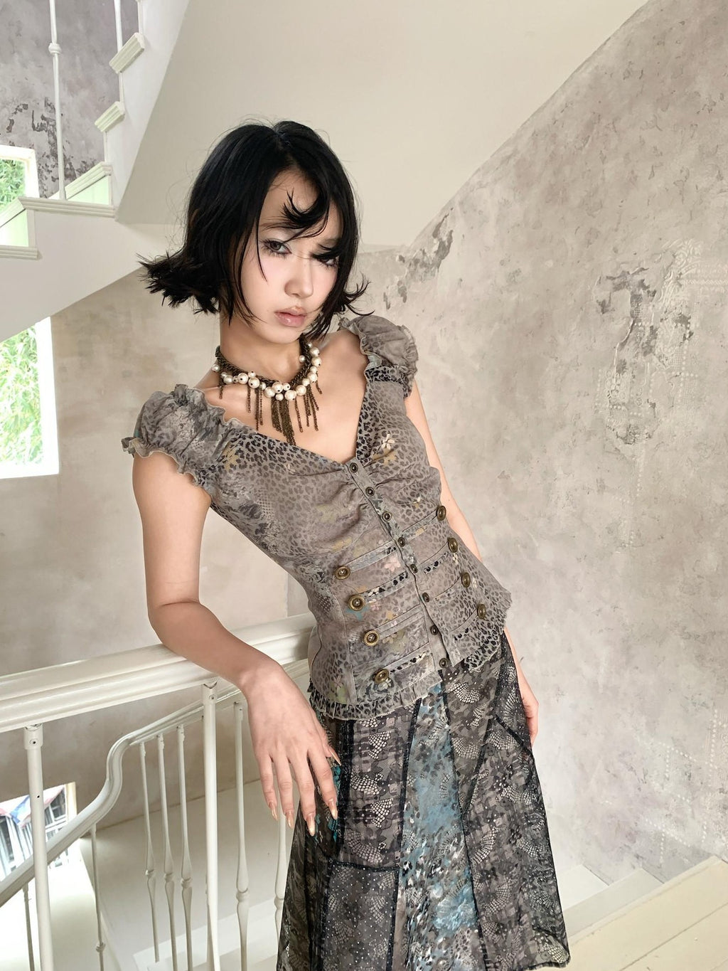 4RE1GN Irregular Patchwork Plaid Leopard Floral Double Layer Women's Midi Skirts
