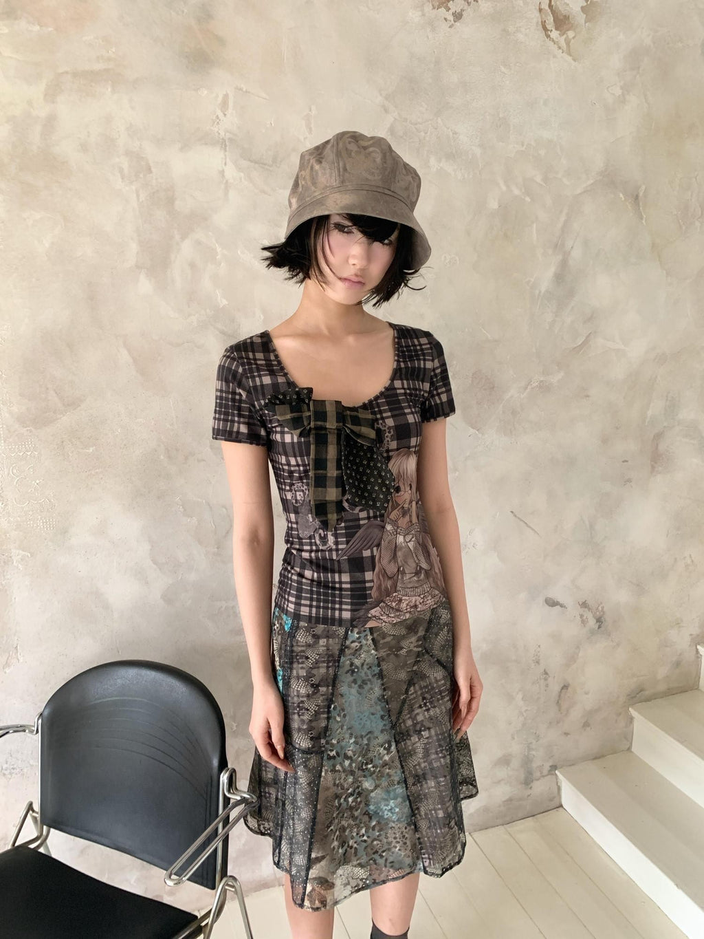 4RE1GN Irregular Patchwork Plaid Leopard Floral Double Layer Women's Midi Skirts