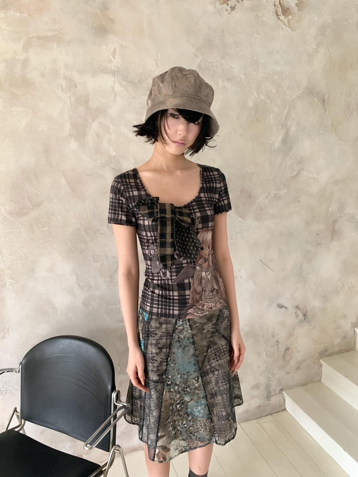 4RE1GN Irregular Patchwork Plaid Leopard Floral Double Layer Women's Midi Skirts