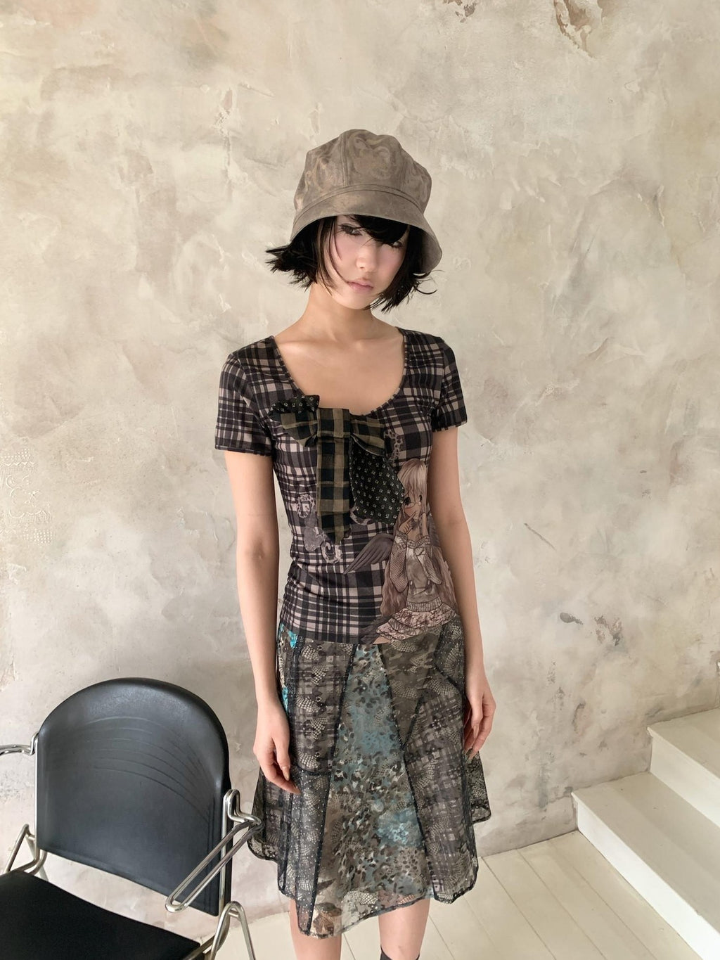 4RE1GN Irregular Patchwork Plaid Leopard Floral Double Layer Women's Midi Skirts
