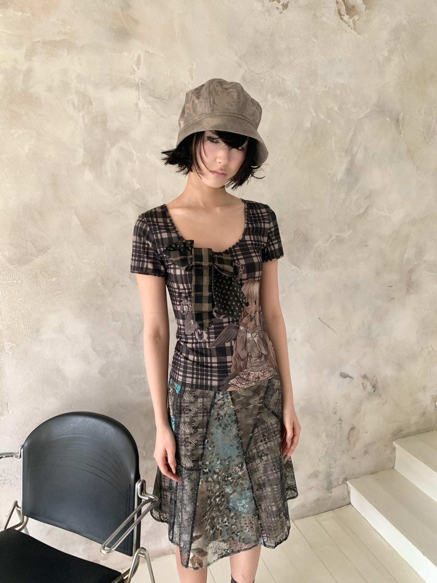 4RE1GN Irregular Patchwork Plaid Leopard Floral Double Layer Women's Midi Skirts
