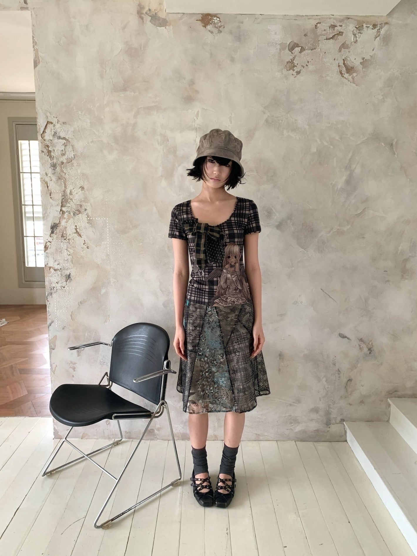 4RE1GN Irregular Patchwork Plaid Leopard Floral Double Layer Women's Midi Skirts
