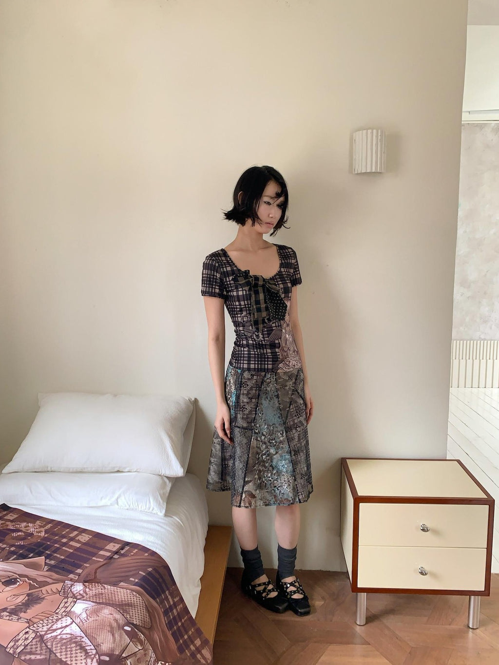 4RE1GN Irregular Patchwork Plaid Leopard Floral Double Layer Women's Midi Skirts
