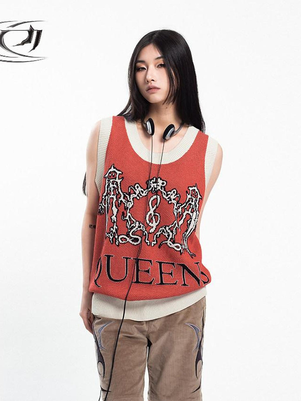 4RE1GN Jacquard Lightning Dragon Queens Badge Colorblock Knit Women's Viscose Tank Tops