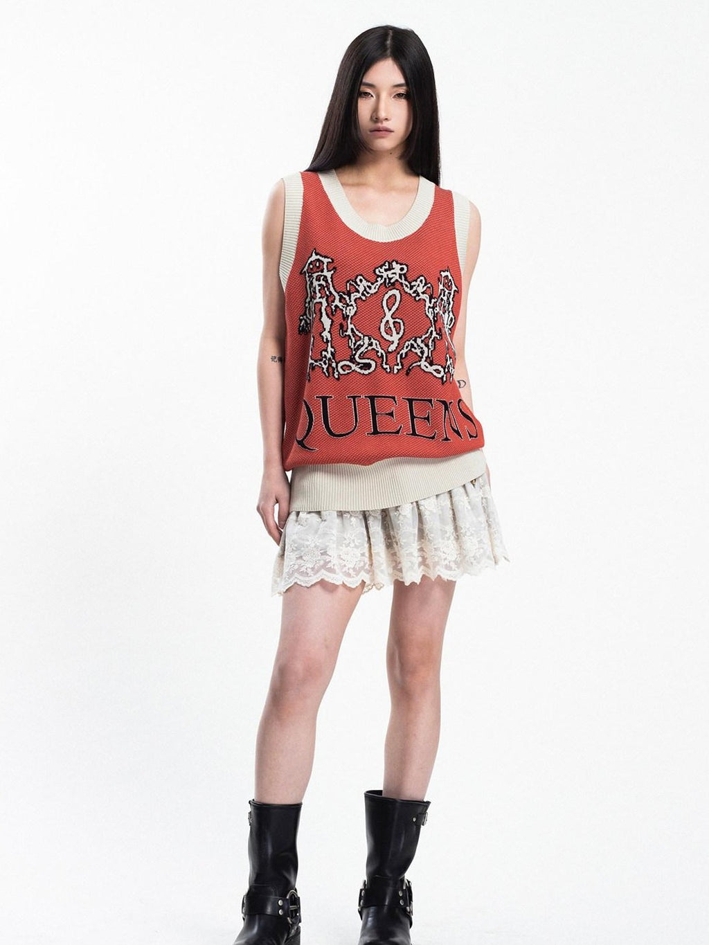 4RE1GN Jacquard Lightning Dragon Queens Badge Colorblock Knit Women's Viscose Tank Tops
