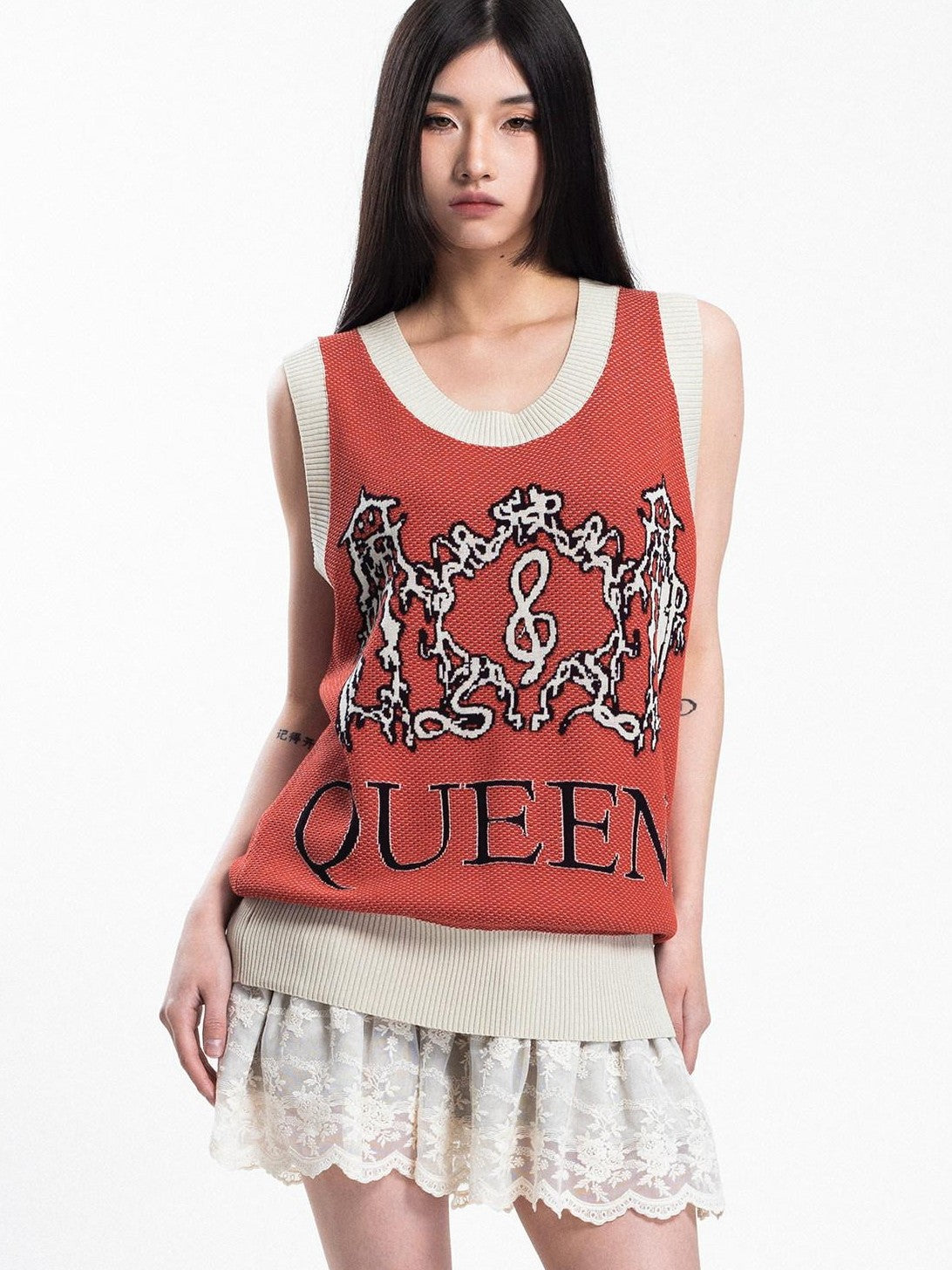 4RE1GN Jacquard Lightning Dragon Queens Badge Colorblock Knit Women's Viscose Tank Tops