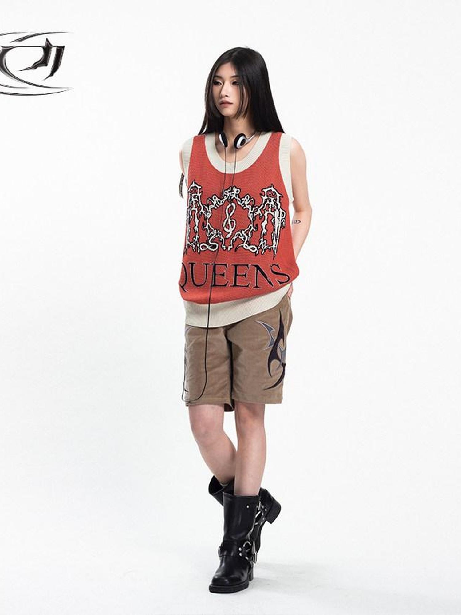 4RE1GN Jacquard Lightning Dragon Queens Badge Colorblock Knit Women's Viscose Tank Tops
