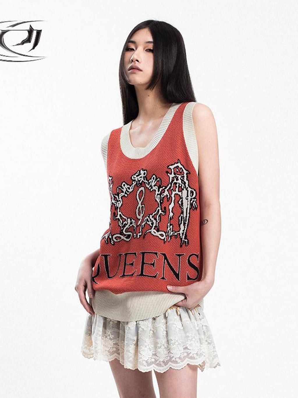 4RE1GN Jacquard Lightning Dragon Queens Badge Colorblock Knit Women's Viscose Tank Tops