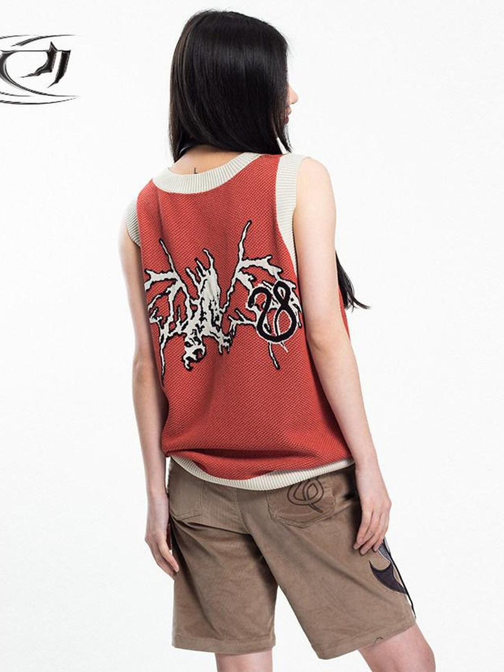 4RE1GN Jacquard Lightning Dragon Queens Badge Colorblock Knit Women's Viscose Tank Tops