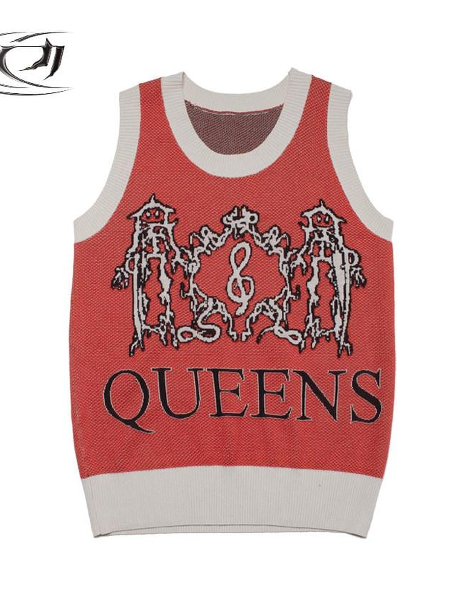 4RE1GN Jacquard Lightning Dragon Queens Badge Colorblock Knit Women's Viscose Tank Tops