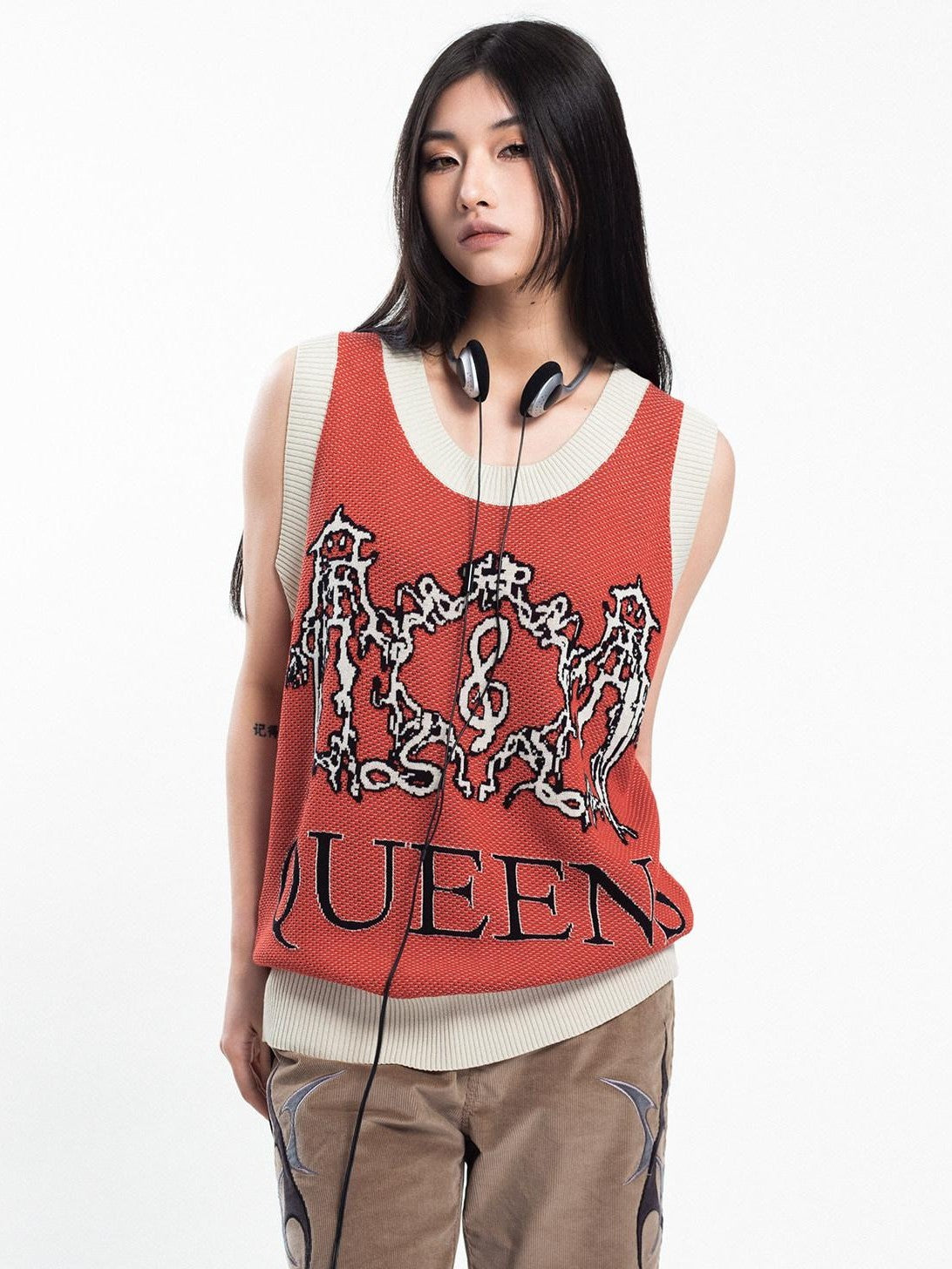 4RE1GN Jacquard Lightning Dragon Queens Badge Colorblock Knit Women's Viscose Tank Tops