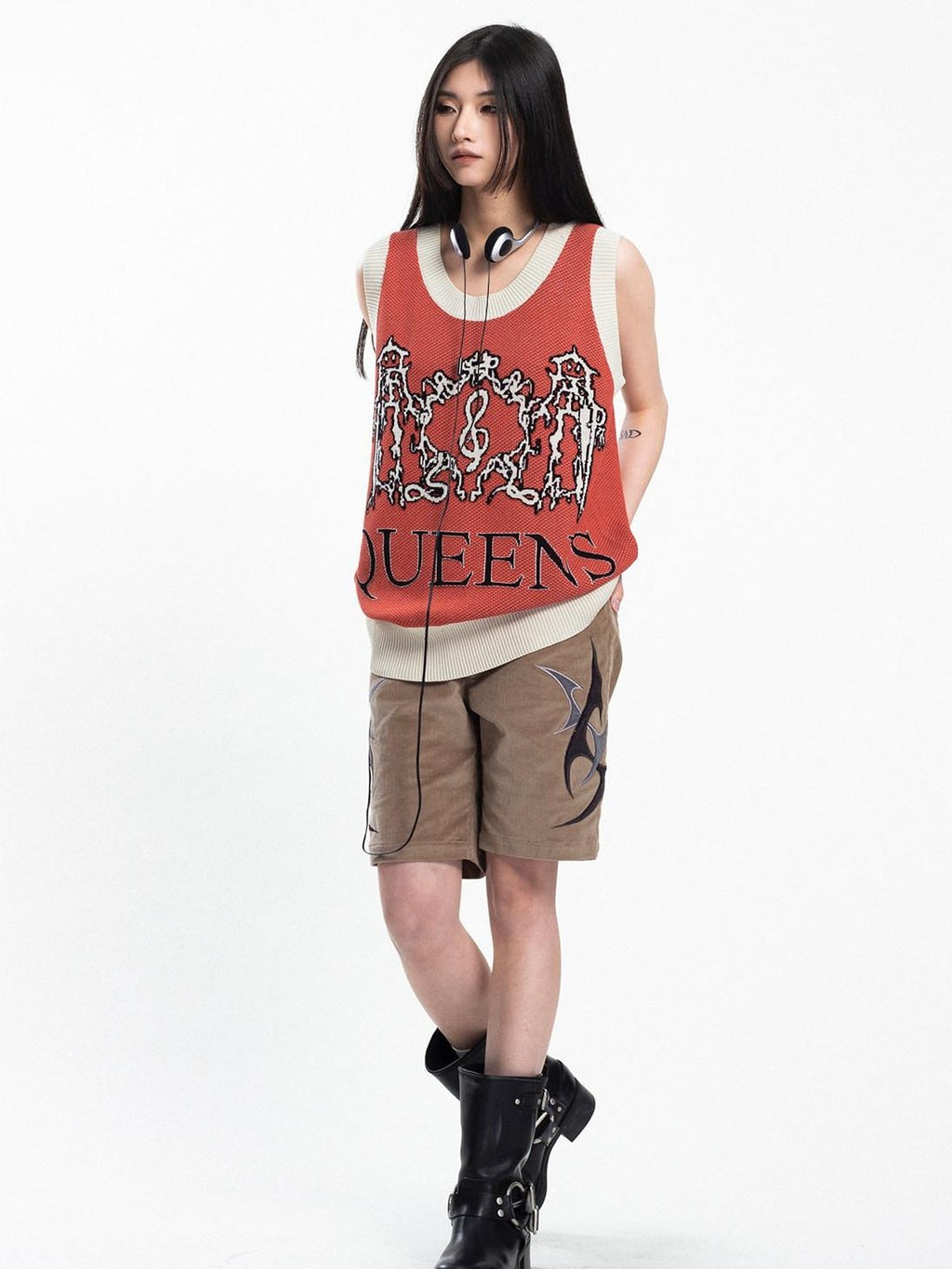 4RE1GN Jacquard Lightning Dragon Queens Badge Colorblock Knit Women's Viscose Tank Tops