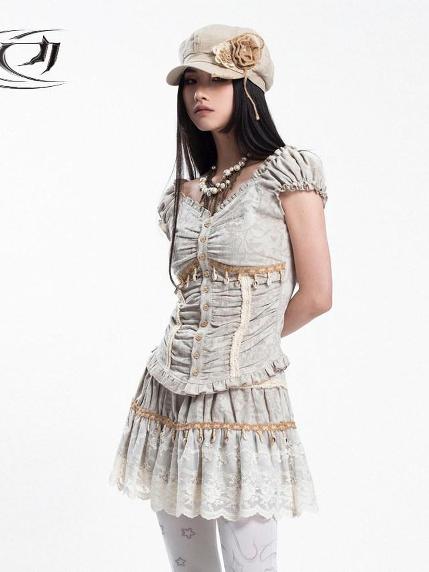 4RE1GN Jacquard Shell Embroidered Lace Short Women's Cotton Linen Matching Skirt Sets