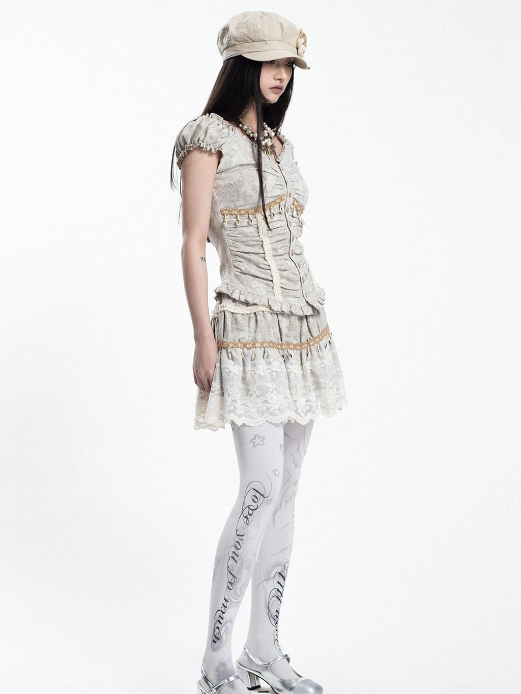 4RE1GN Jacquard Shell Embroidered Lace Short Women's Cotton Linen Matching Skirt Sets