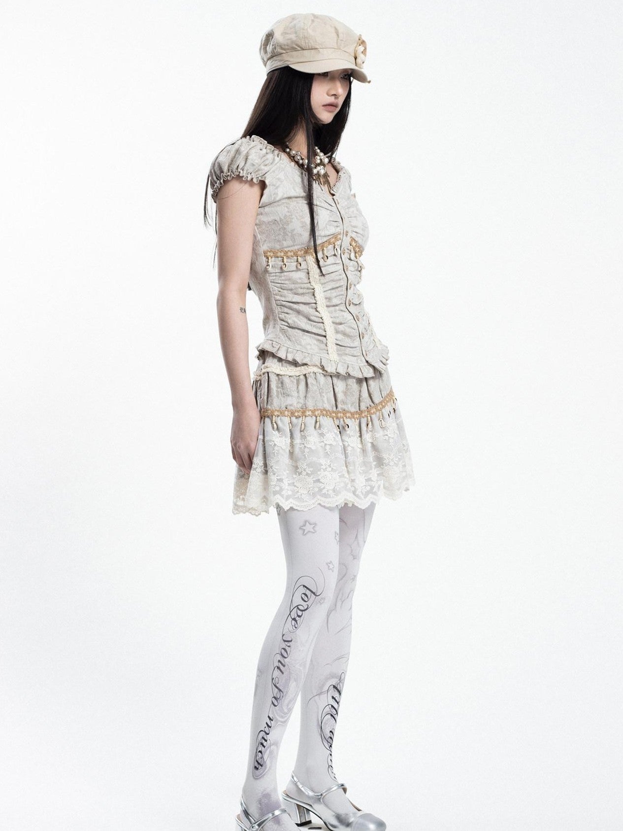 4RE1GN Jacquard Shell Embroidered Lace Short Women's Cotton Linen Matching Skirt Sets