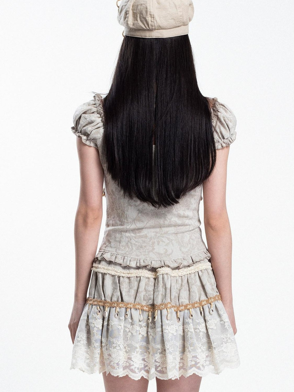 4RE1GN Jacquard Shell Embroidered Lace Short Women's Cotton Linen Matching Skirt Sets