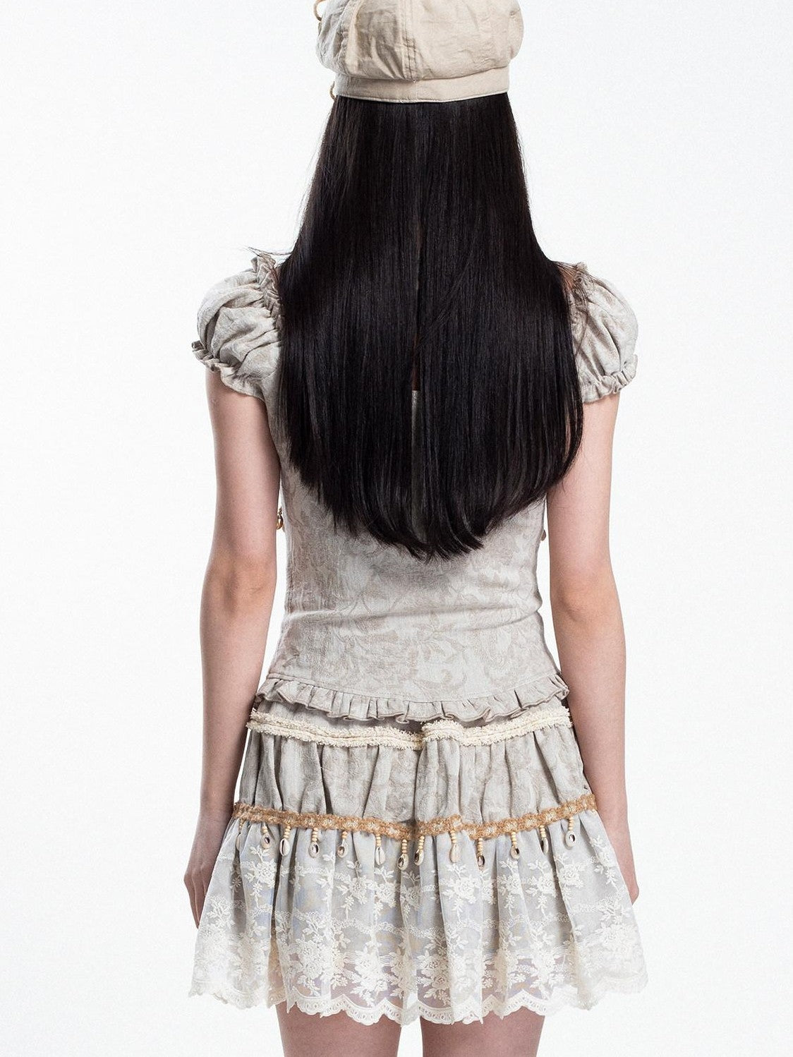 4RE1GN Jacquard Shell Embroidered Lace Short Women's Cotton Linen Matching Skirt Sets