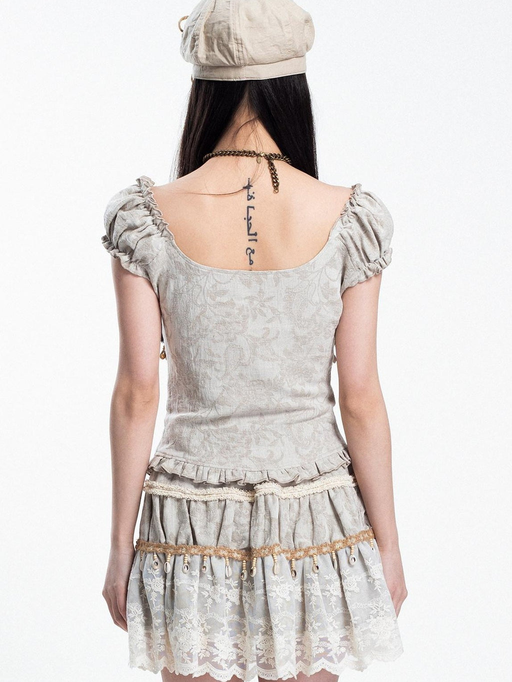 4RE1GN Jacquard Shell Embroidered Lace Short Women's Cotton Linen Matching Skirt Sets
