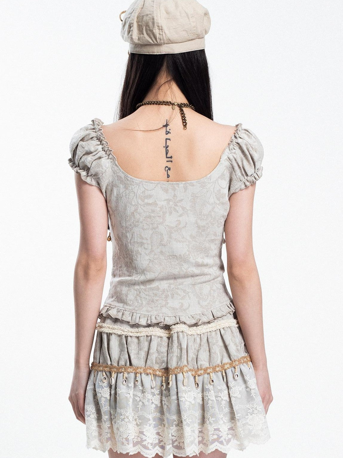 4RE1GN Jacquard Shell Embroidered Lace Short Women's Cotton Linen Matching Skirt Sets
