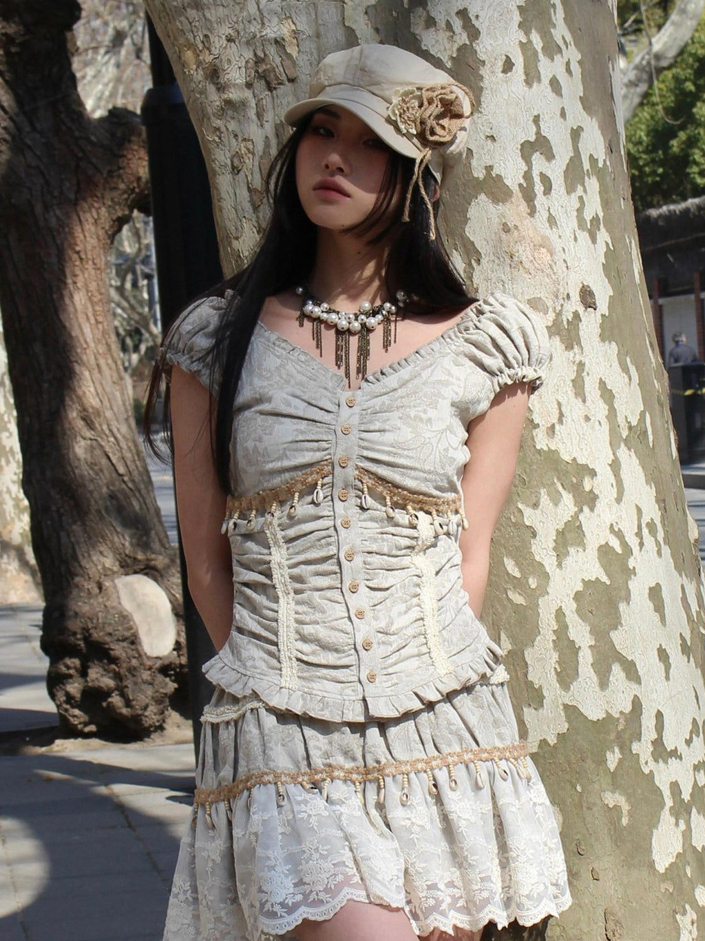 4RE1GN Jacquard Shell Embroidered Lace Short Women's Cotton Linen Matching Skirt Sets