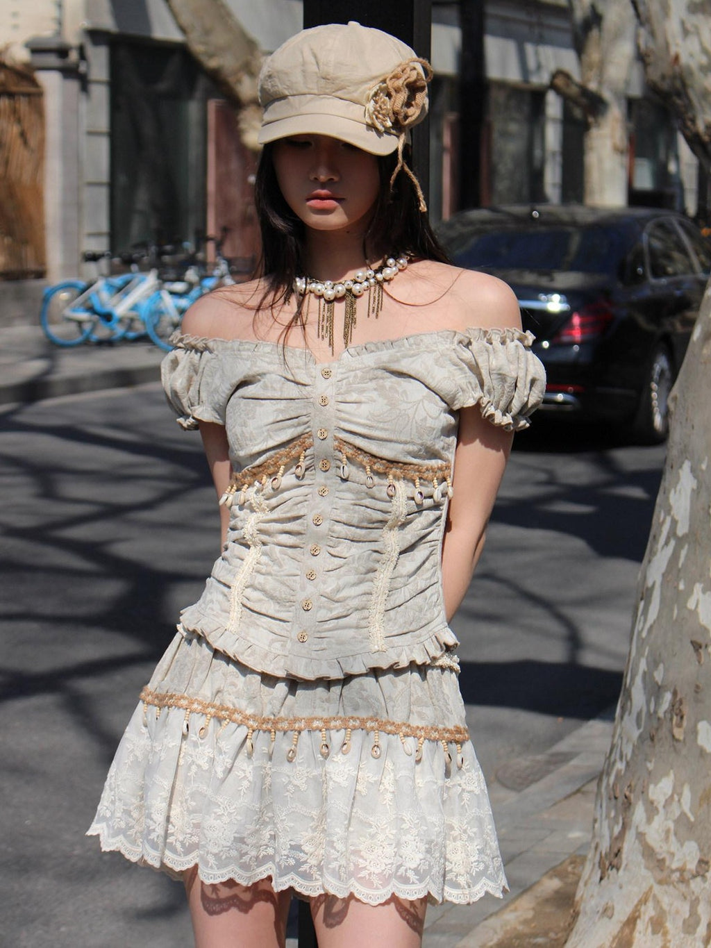 4RE1GN Jacquard Shell Embroidered Lace Short Women's Cotton Linen Matching Skirt Sets