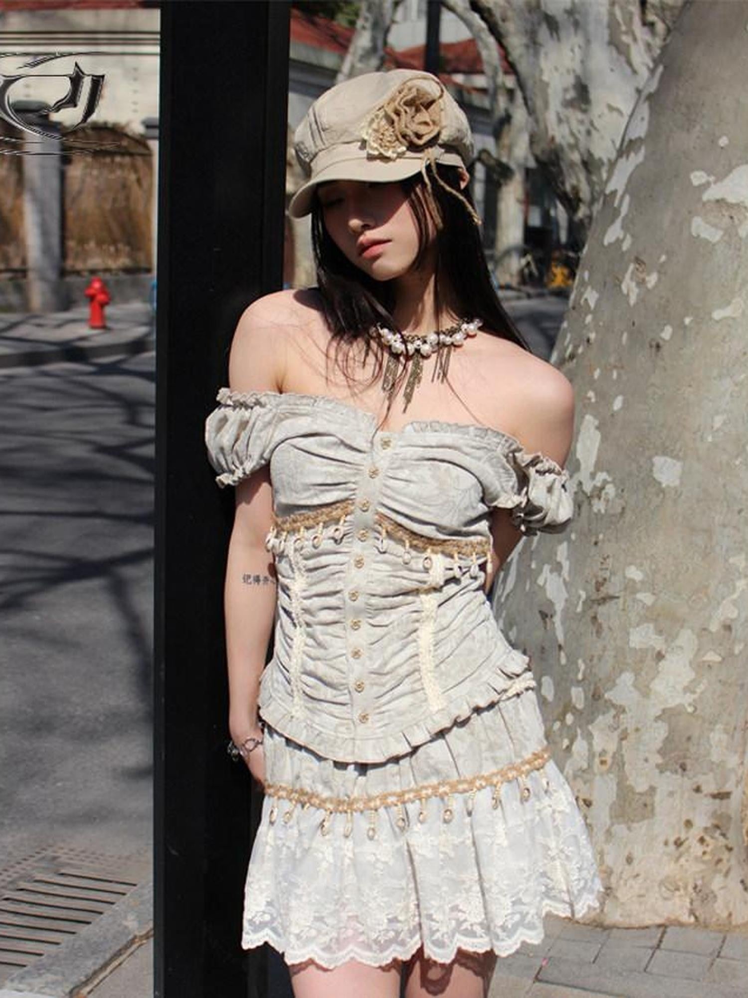 4RE1GN Jacquard Shell Embroidered Lace Short Women's Cotton Linen Matching Skirt Sets