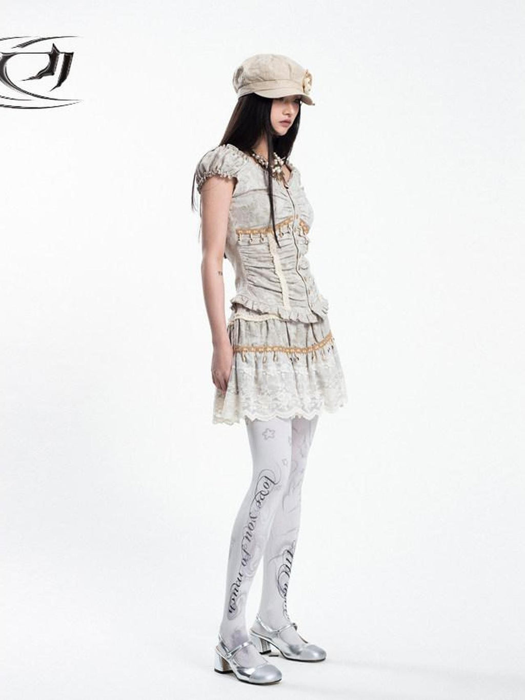 4RE1GN Jacquard Shell Embroidered Lace Short Women's Cotton Linen Matching Skirt Sets