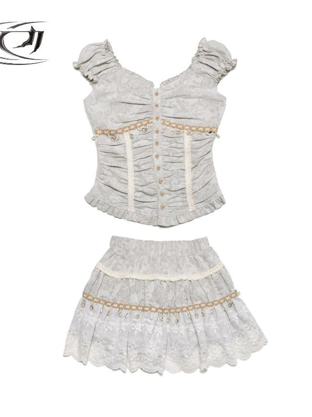 4RE1GN Jacquard Shell Embroidered Lace Short Women's Cotton Linen Matching Skirt Sets