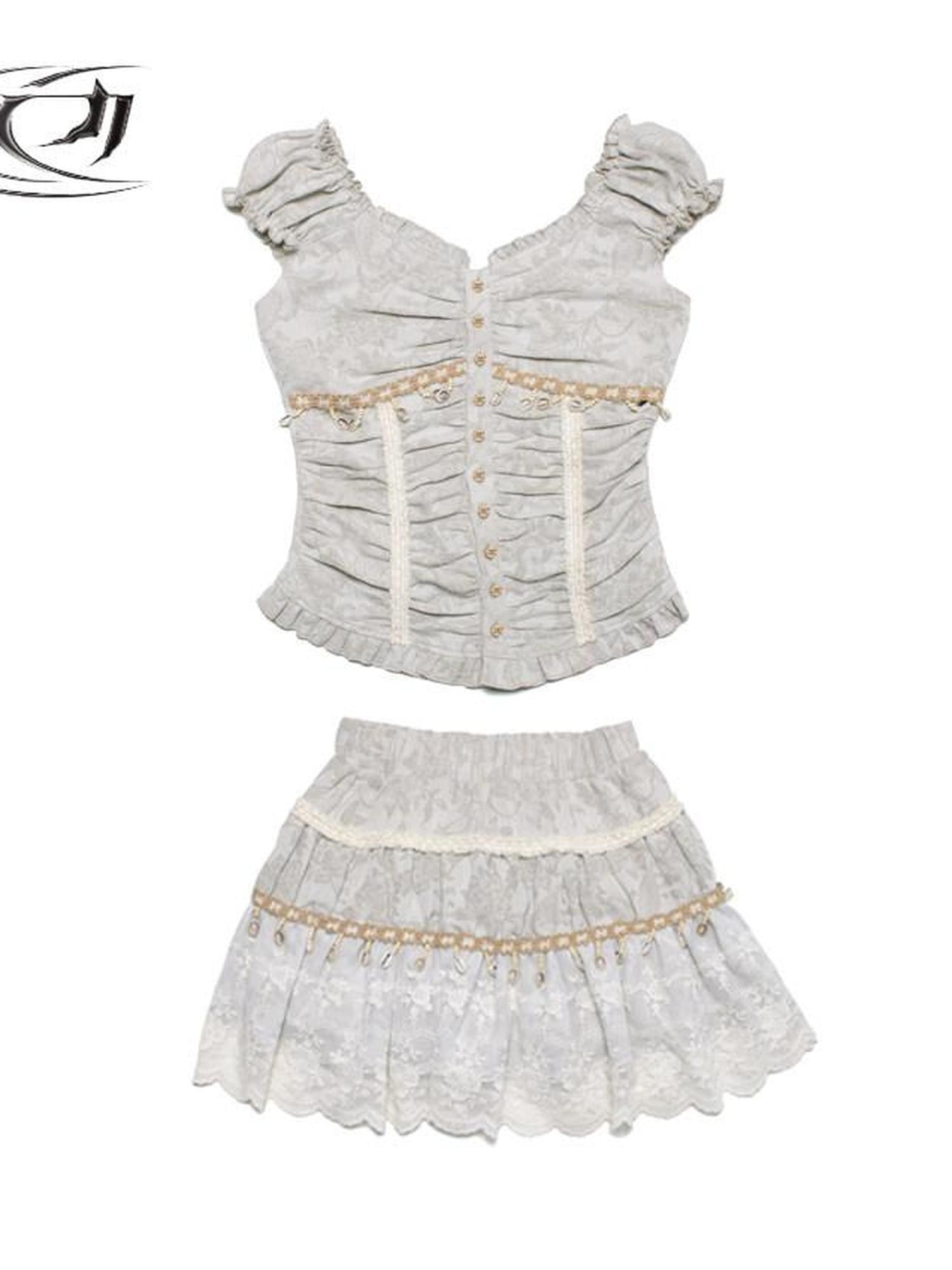4RE1GN Jacquard Shell Embroidered Lace Short Women's Cotton Linen Matching Skirt Sets