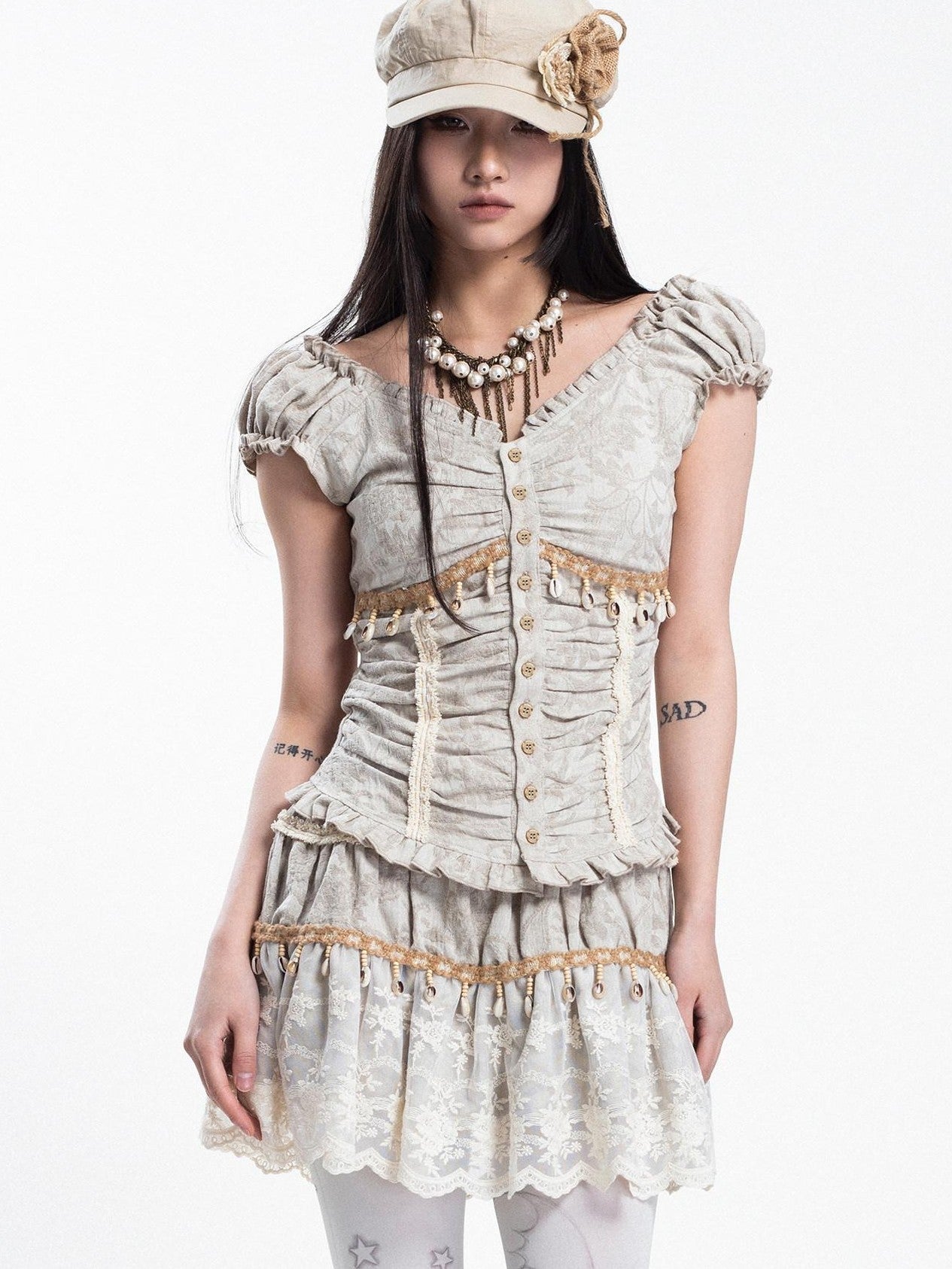 4RE1GN Jacquard Shell Embroidered Lace Short Women's Cotton Linen Matching Skirt Sets