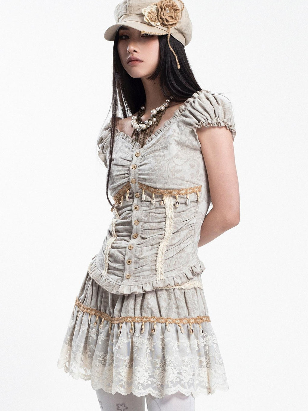 4RE1GN Jacquard Shell Embroidered Lace Short Women's Cotton Linen Matching Skirt Sets