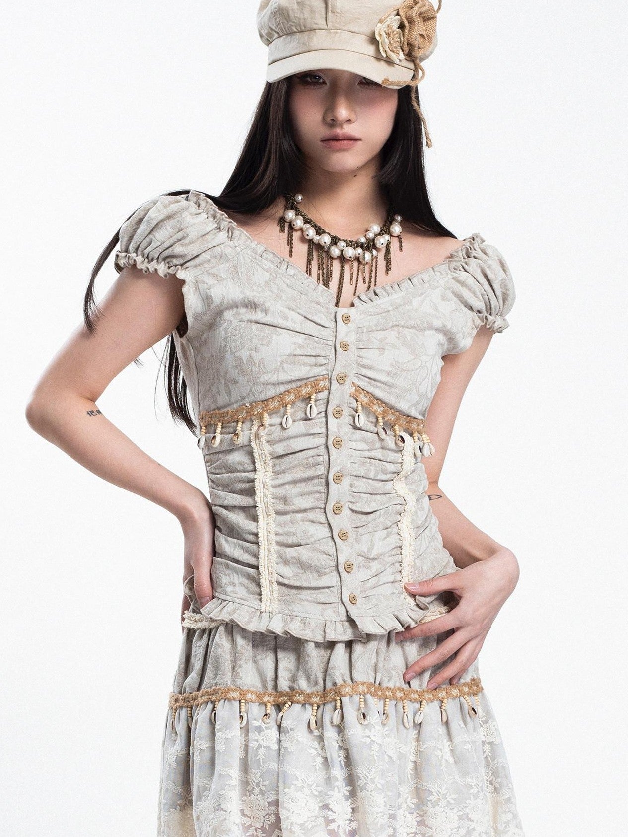 4RE1GN Jacquard Shell Embroidered Lace Short Women's Cotton Linen Matching Skirt Sets