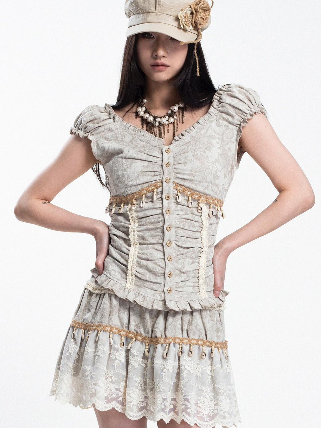4RE1GN Jacquard Shell Embroidered Lace Short Women's Cotton Linen Matching Skirt Sets