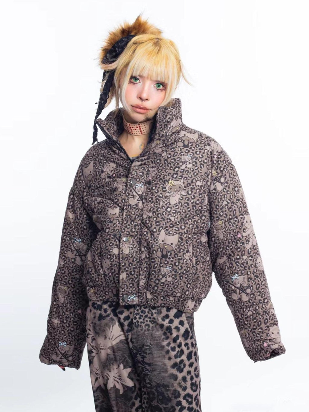 4RE1GN Leopard Cartoon Devil Cat Print High Collar Women's Cotton Puffer Jackets