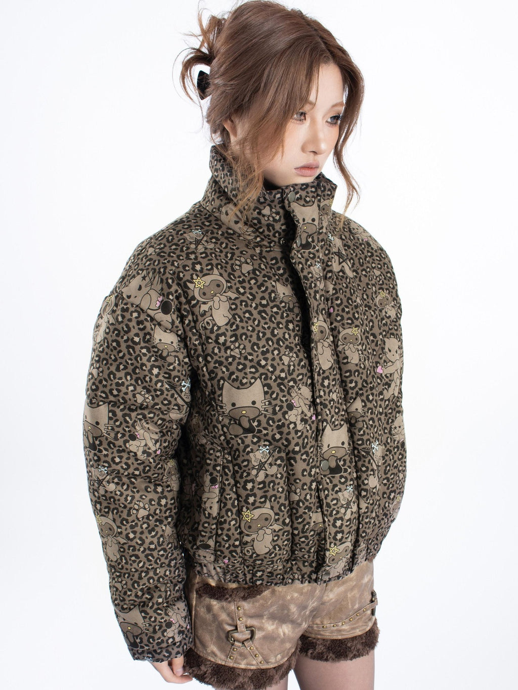 4RE1GN Leopard Cartoon Devil Cat Print High Collar Women's Cotton Puffer Jackets