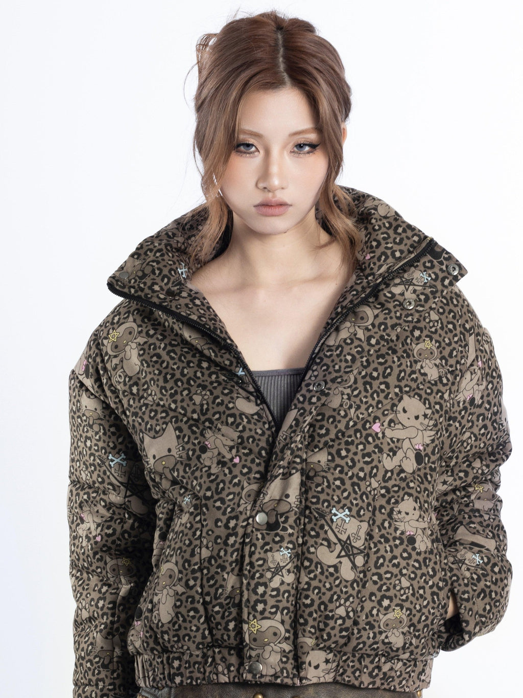 4RE1GN Leopard Cartoon Devil Cat Print High Collar Women's Cotton Puffer Jackets