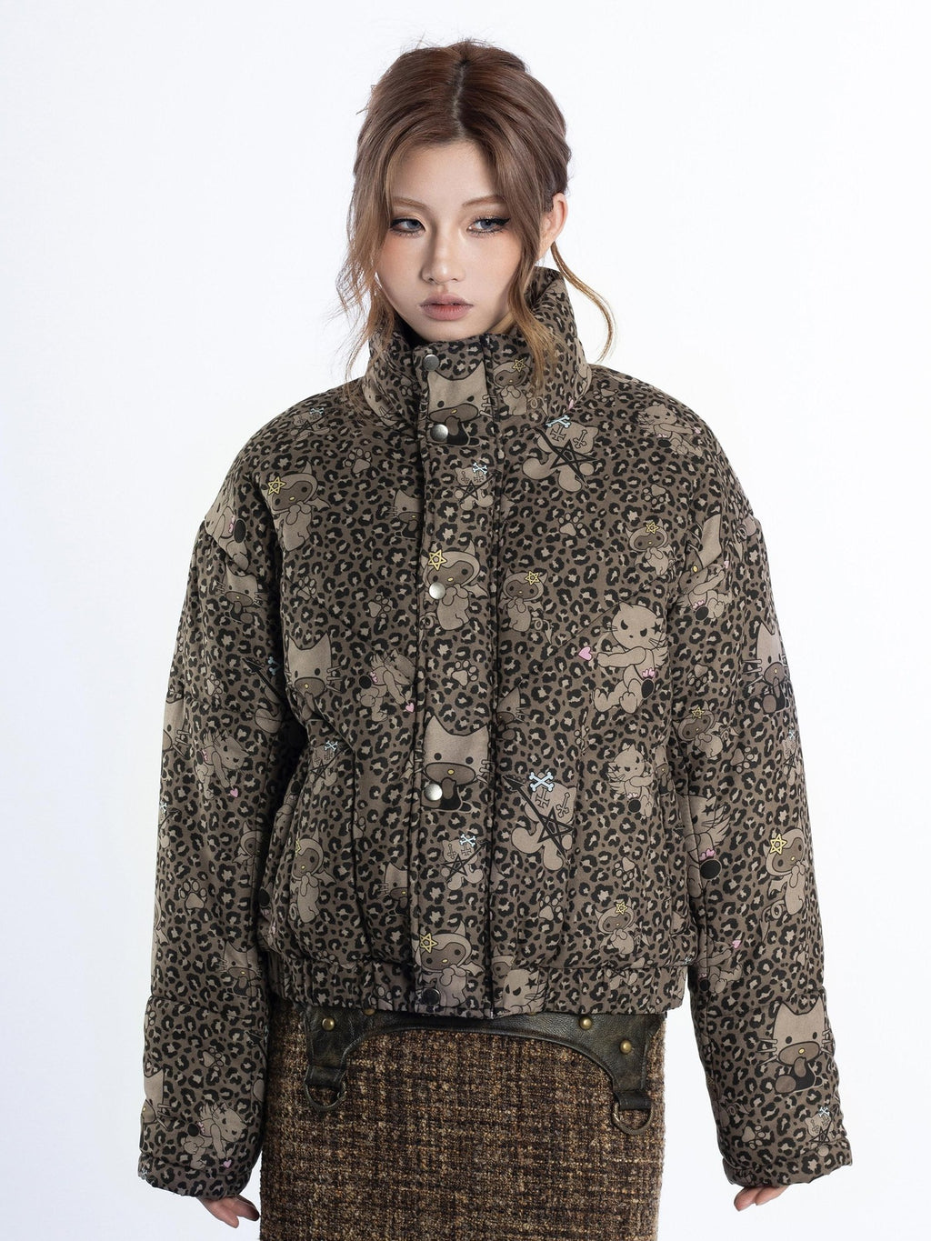 4RE1GN Leopard Cartoon Devil Cat Print High Collar Women's Cotton Puffer Jackets