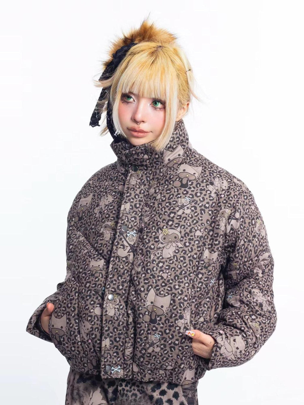 4RE1GN Leopard Cartoon Devil Cat Print High Collar Women's Cotton Puffer Jackets